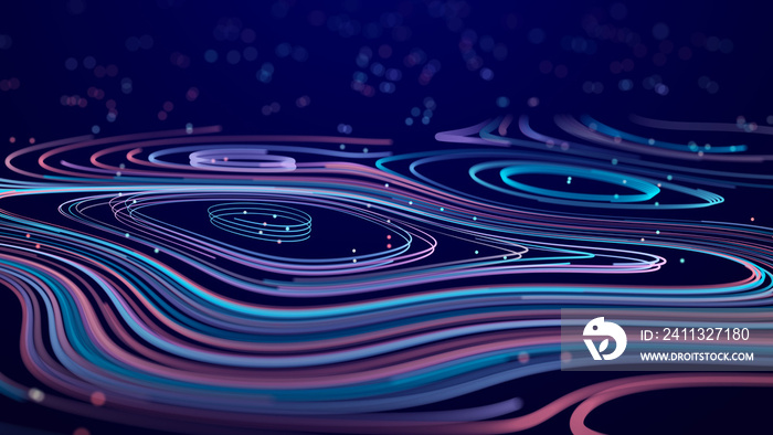 Abstract digital background from rounded colored lines. Information flow space. Big data visualization. 3D rendering.