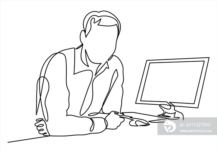 businessman working with computer, business character working in office- continuous line drawing
