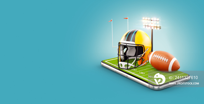 Unusual 3d illustration of an American football field with helmet and ball on a smartphone screen. Watching football and betting online concept.