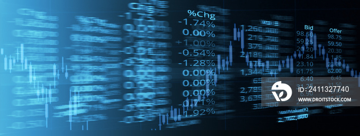 candle stick graph line of trade market stock and index number on glow blue digital technology blur light line banner business background