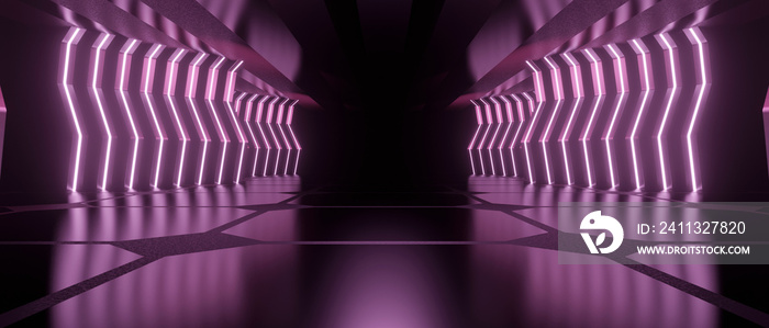 Abstract 3D Retro Modern Spaceship Studio Showroom Gallery Concrete Asphalt Floor Hangar Tunnel Corridor Deep Violet Tech Background Wallpaper 3D Render