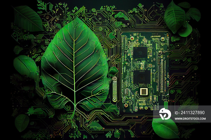 Illustration of motherboard or cicruit board covered with leaves roots and plants, concept of sustainable development and green energy ecology.