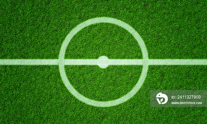 Soccer field in football stadium with line grass pattern and centerline circle. Sports background and athletic wallpaper concept. 3D illustration rendering