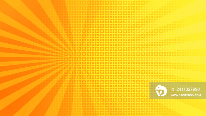 comic or cartoon concept background with blank space for design. bright yellow and orange sunburst rays background with half tone dots. yellow background with radial lines in pop art style.