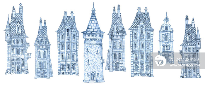 Set of fantasy hand drawn sketches of medieval town houses, Fairy tale castle, Blue and white painting isolated on transparent background