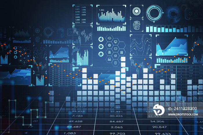 Digital hud with graph and network data symbols, forex statistics