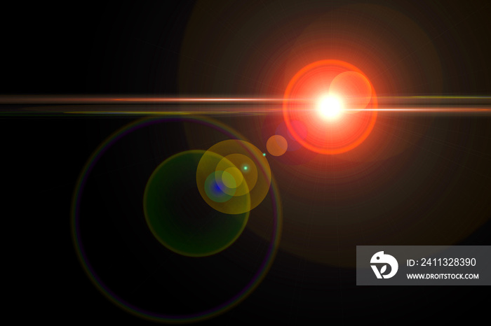 beautiful lens flare effect overlay texture with bokeh effect and anamorphic light streak in front of a black background, cinematic format