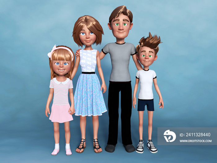 3D rendering of a cartoon family portrait.