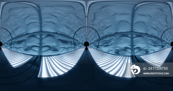 3d rendering. 360 degrees.HDRI map. Corridor with soft, safe walls and neon blue lighting. Laboratory or gateway.