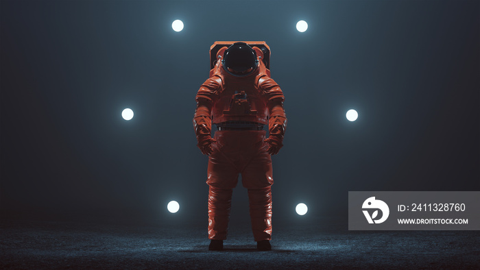 Astronaut in an Orange Space Suit Exploration Mobility Unit Next Generation Spacesuit with Black Visor Standing in a Alien Void 3d illustration 3d render