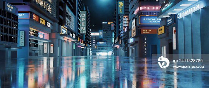 3D Rendering of billboards and advertisement signs at modern buildings in capital city with light reflection from puddles on street. Concept for night life, never sleep business district center (CBD)