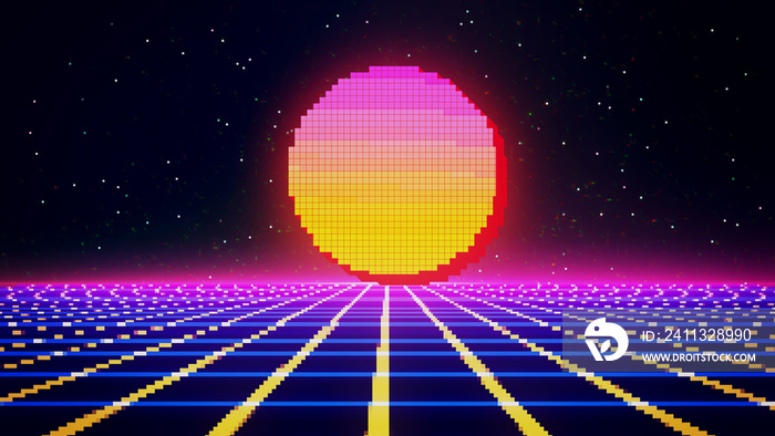 Retro cyberpunk style 80s game scene pixel art 8-bit sci-fi background. Futuristic with laser grid landscape. Digital cyber surface style of the 1980`s. 3D illustration