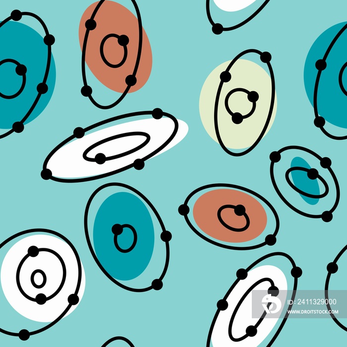 Seamless hand drawn mid century modern pattern in beige blue turquoise black white colors. Retro vintage 50s 60 atomic age mcm pattern with abstract geometric shapes for textile wallpaper.