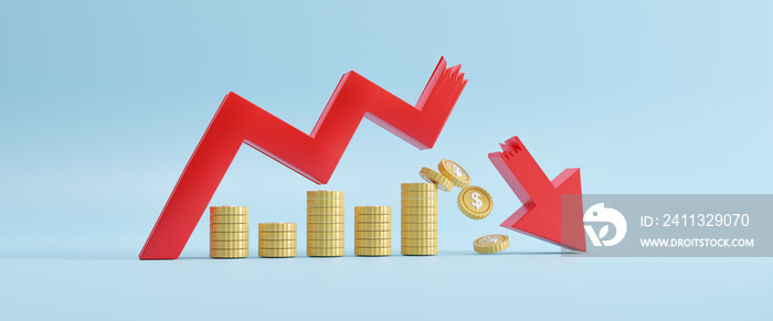 Red broken arrow of falling graph and coin  isolated on blue background. Economic recession, profit and loss, business and finance, crisis. Recession data and analyze. 3d rendering illustration