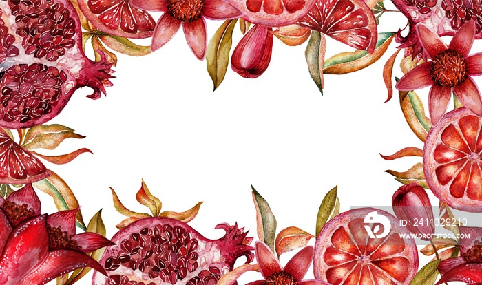 Cute colorful floral pomegranate frame, border on white background for logo, fabric, textile, texture, wrapping paper, wallpaper, cards, web design. Hand drawn illustration