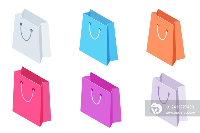 Isometric, 3D rendering shopping bags, colorful paper bags with handle isolated on white background. Isometric bag icon design.