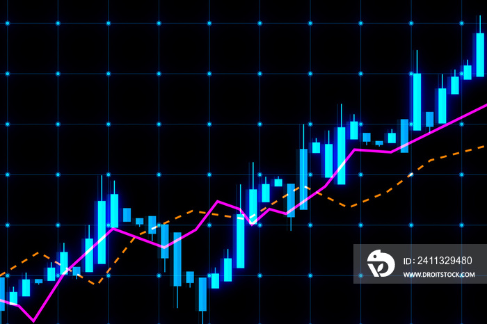 Front view stock market growth, business investing and data concept with digital financial chart graphs, diagrams and indicators on dark blue background. 3D rendering