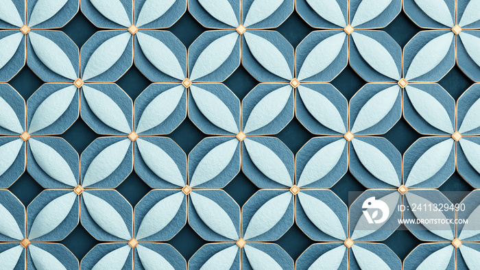 Abstract geometric beautiful pattern background. Shiny ceramic blue tiles with golden elements. 3d render illustration.