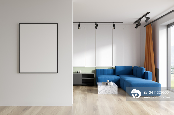 Bright living room interior with empty white poster, panoramic window