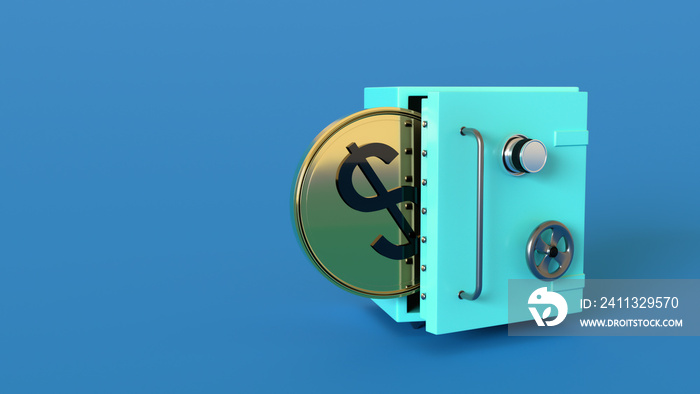 Gold-plated coin with a dollar symbol peeks out of an ajar door of a metal safe on a blue background with space for text or logo. Finance concept. Savings, accumulation. 3D rendering