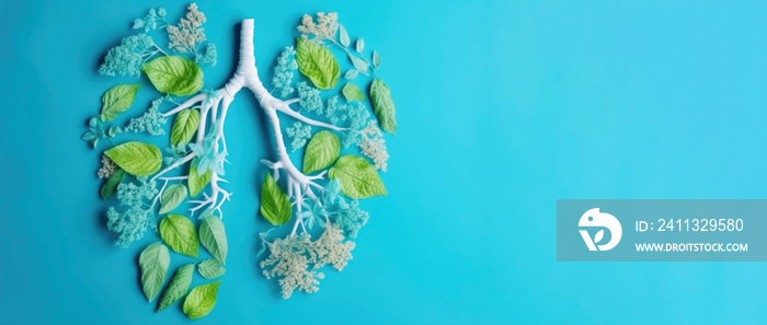 Human lungs from green leaves, blue background copy space. Healthy respiratory system, anatomical silhouette