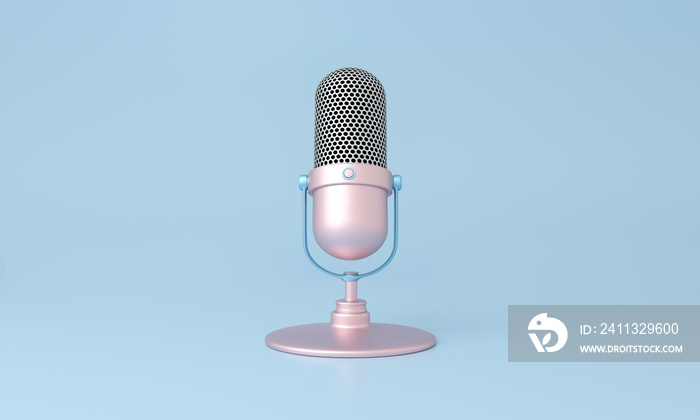 Cute pink microphone isolated on blue minimal style background.