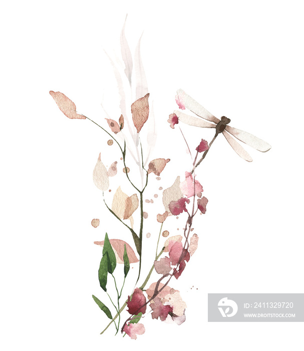 Watercolor floral arrangement on white. Pink, beige, brown autumn wild flowers, branches, leaves, twigs and dragonfly