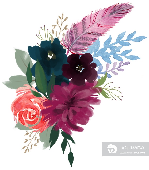 Watercolor vintage floral composition Pink and blue Floral Bouquet Flowers and Feathers Isolated