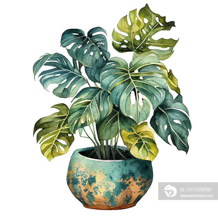 plant in a pot, monstera in pot, watercolour monstera, tropical plants