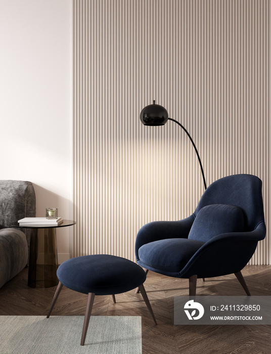 Living room interior wall mockup in warm tones with blue armchair on beige wall background.3d rendering