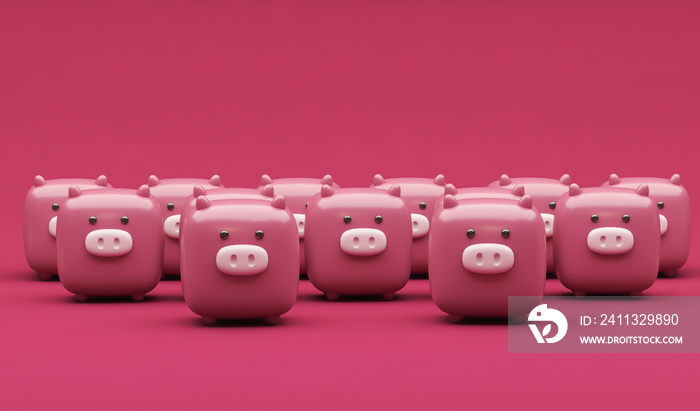 Piggy Bank on dark pink background. 3d rendering of glowing light bulb. Concept of piglet and pig mom, finance and money accumulation. Viva magenta trend color.