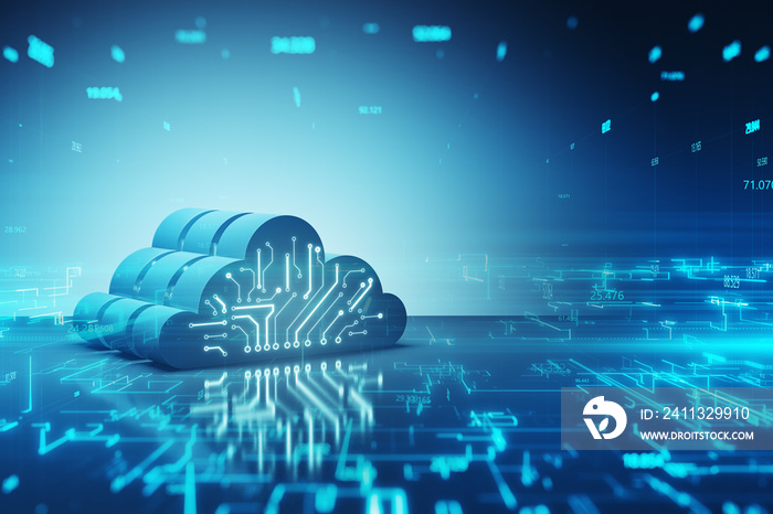 Cloud computing, information, data exchange and storage concept with 3D digital cloud symbol with circuit scheme on abstract dark blue matrix technological background. 3D rendering