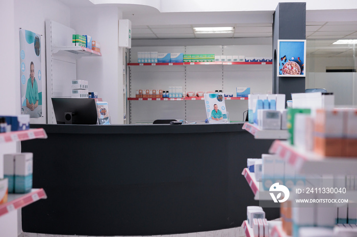 Empty pharmacy shelves full with pharmaceutical products ready for opening. Drugstore desk full with clients medical prescription. Health care products, medicine service support