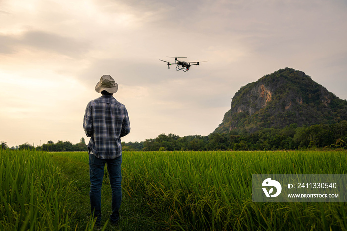 Agricultural specialist controls agriculture drone with remote controller for spraying fertilizer and pesticide at rice field. Agriculture 5g, Smart farming, Smart technology concept.