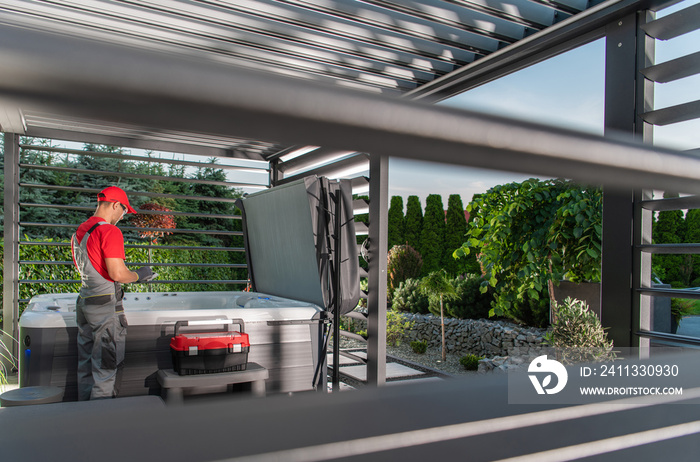 Professional Hot Tub Technician Inside Spa Shelter Gazebos