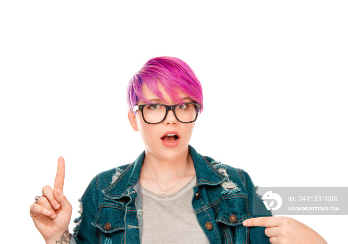 woman pointing one index finger up to copy space and other at blank gray t-shirt in shock