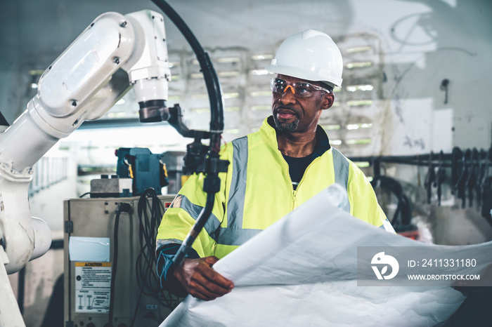 African American factory worker working with adept robotic arm in a workshop . Industry robot programming software for automated manufacturing technology .