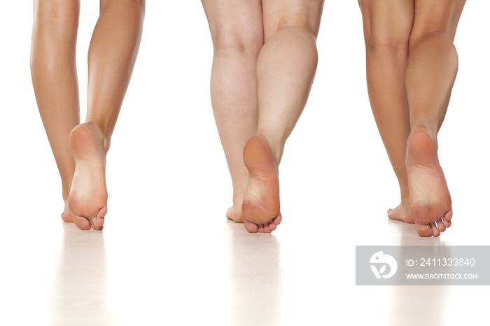 a woman’s legs and feet, three women with different weights.