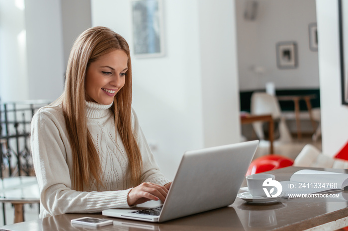 Beautiful young woman working on her laptop in her office.