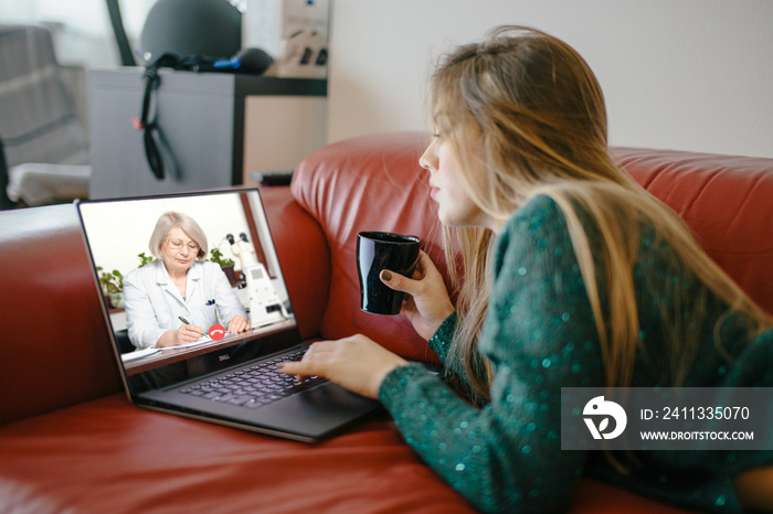 Telemedicine doctor video conference call online talking for follow up remotely with medical coronavirus result at home. Online healthcare digital technology service, counselor and interview app.