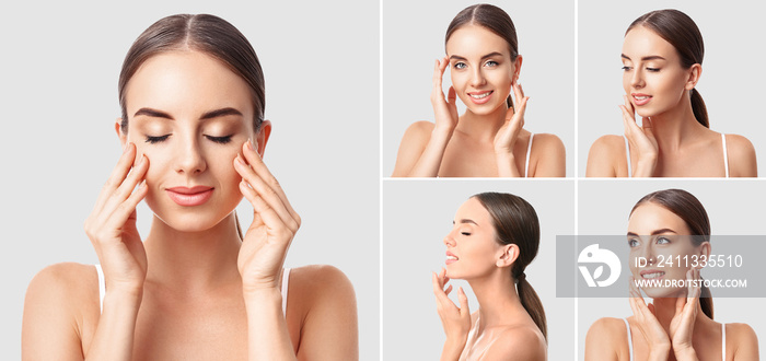 Collage with pretty young woman on light background. Skin care concept