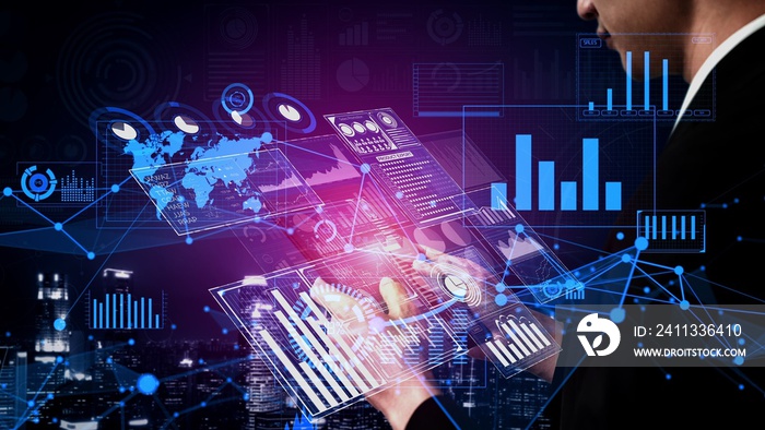 Conceptual business dashboard for financial data analysis . 3D render computer graphic .