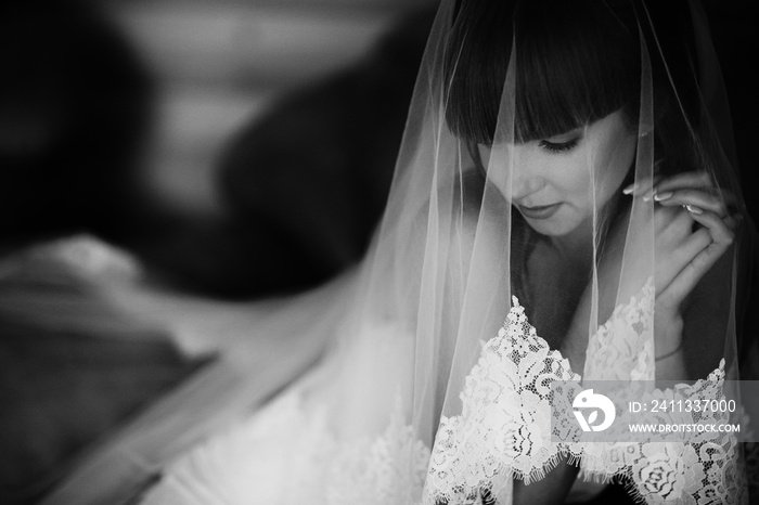 Portrait of charming bride enveloped in a veil. Black and white picture of beuatiful bride hidden under the veil. Close up. Wedding morning.