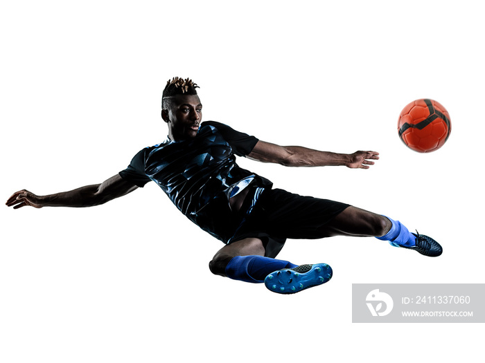 one african soccer player man playing in studio isolated on white background