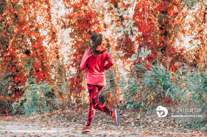 Running woman jogging on autumn red leaves foliage background. Fall cardio exercise training. Happy athlete runner exercising outdoor.