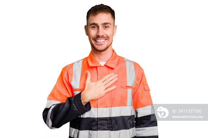 Garbage man cut out isolated laughs out loudly keeping hand on chest.