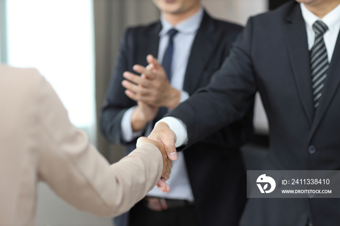 Close up image of business happy people shaking hands meaning of introduction, greeting, success negotiation or finishing up meeting. Gesturing connection deal concept.