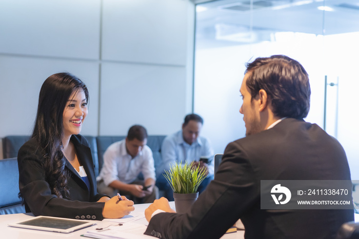 HR manager interviewing female candidate applicant who recruit job in the office.