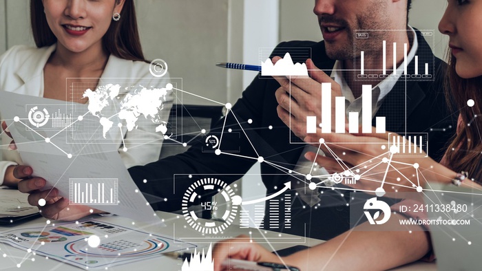 Conceptual vision of business people in the corporate staff meeting . Concept of digital technology for marketing data analysis and investment decision making .