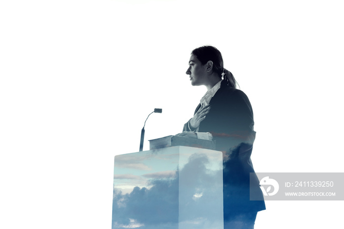 Clearly. Speaker, coach or chairwoman during politician speech isolated on white background. Double exposure - truth and lies. Business training, speaking, promises, economical and financial relations